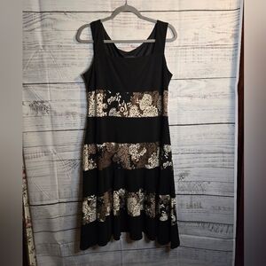 R&M Richards Black Sleeveless Dress With Floral Brown And Cream. Womans Size 14